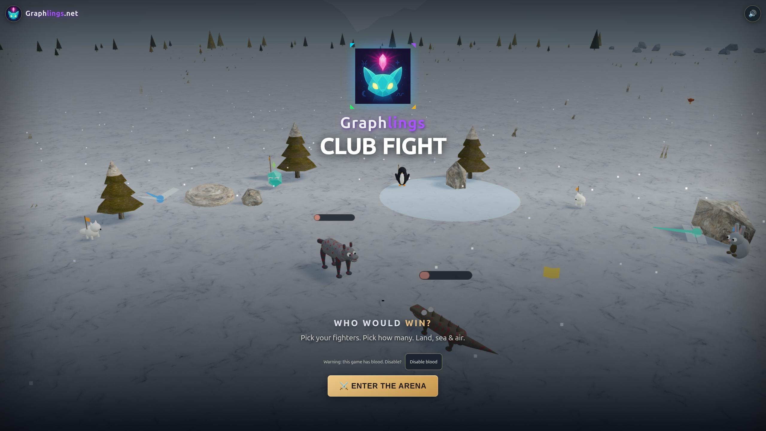 Graphlings Club Fight title screen over a snowy battlefield with animal fighters and crystal spectators
