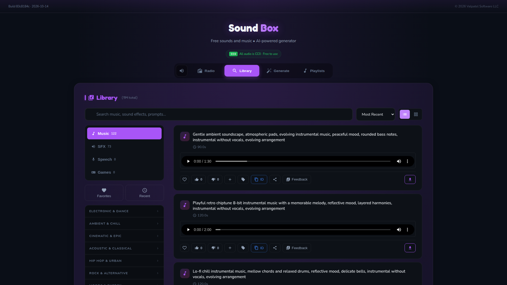 SoundBox Library view with music categories, search and audio playback controls